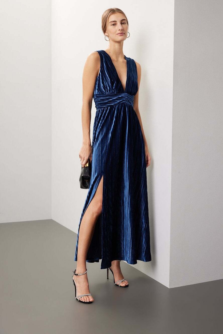 Rachel Parcell Sz 4 Navy Blue Pleated Velvet V-Neck Sleeveless Slit Maxi Dress